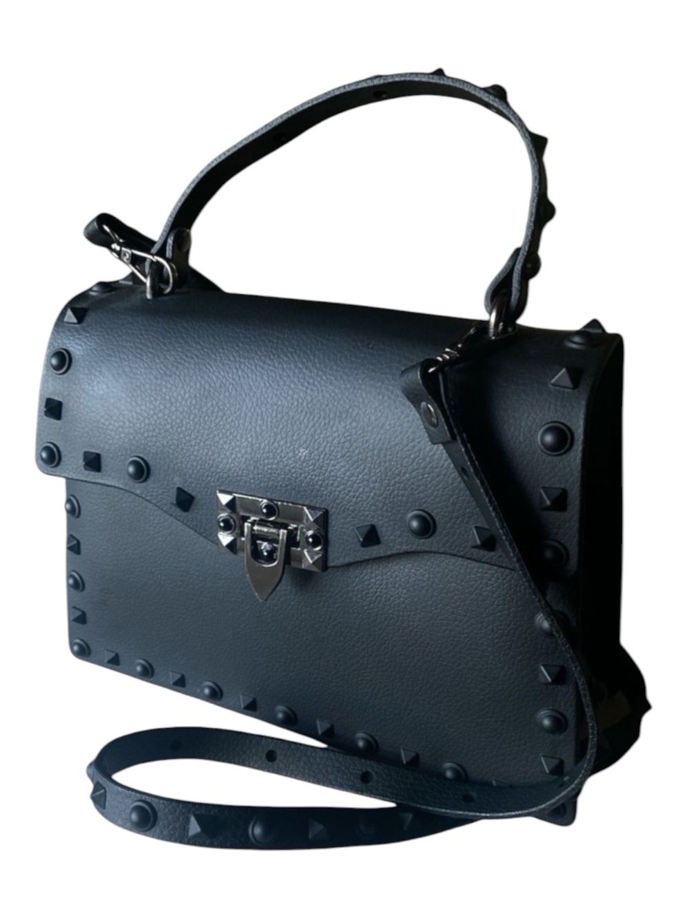 Black Studded Jelly Tote Crossbody Shoulder Bag Black Curved Handle  9.5” x 7.5…